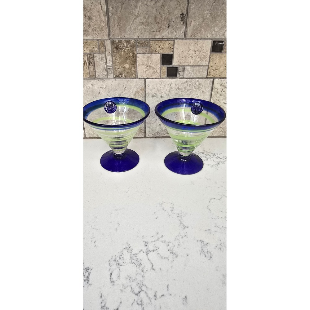 Royal Caribbean Cruise Line Margarita Glasses Cobalt Blue Lime Green Swirl Set 2